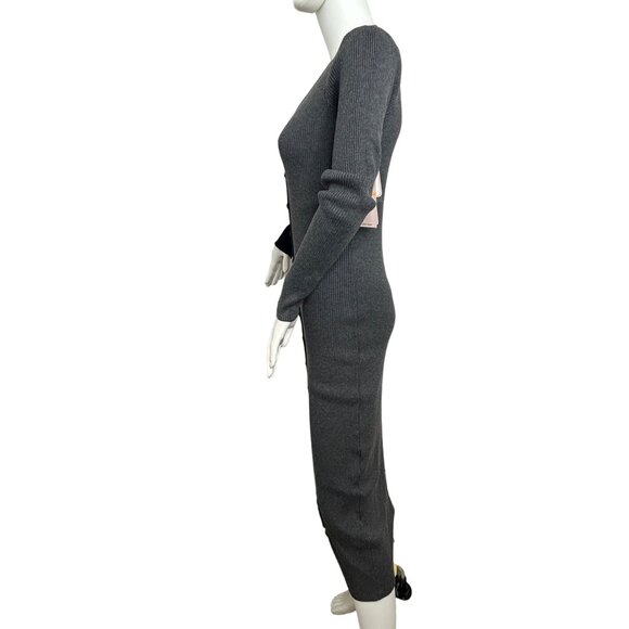Nanette Lepore Sweater Dress S Black Grey Midi Ribbed Long Sleeve Button Down V- - Picture 3 of 14